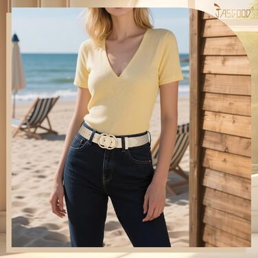 Жіночий шкіряний ремінь JasGood з подвійною кільцевою пряжкою для джинсів, штанів та суконь (бежевий, L:130см, обхват талії 96-105см)