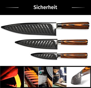 Набір кухонних ножів Wolfblood Damast 3 шт (32/26/20 см) з дамаської сталі 67 шарів, твердість 62 HRC, сертифіковано TÜV + чохол та подарункова коробка