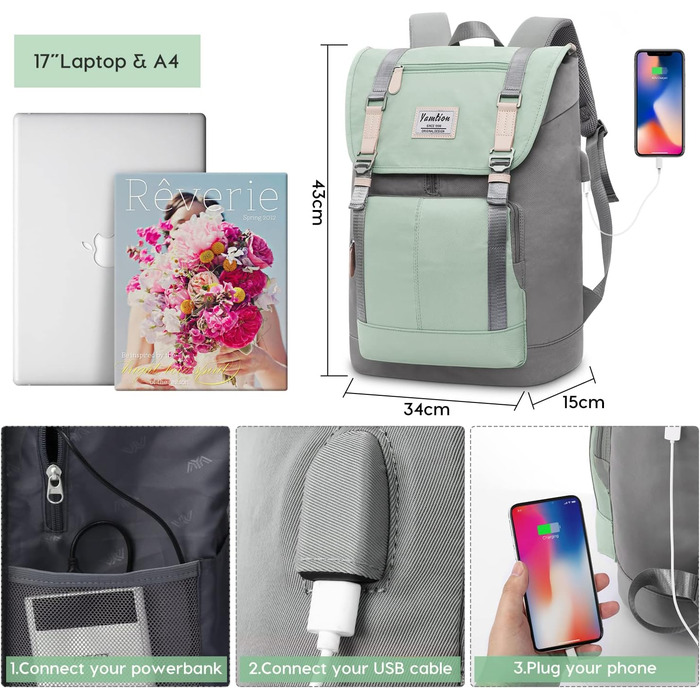 Жіночий рюкзак YAMTION на 17 дюймів з відділенням для ноутбука, USB-порт, для школи, університету, повсякденного використання (17