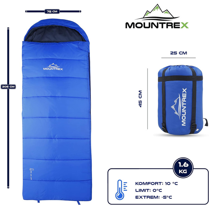 Mountrex 3-Season Sleeping Bag for Camping & Outdoor - Lightweight, Warm & Comfortable Sleeping Bag (205 x 75cm) - Adult, Unisex, Couplable Zipper - Blue