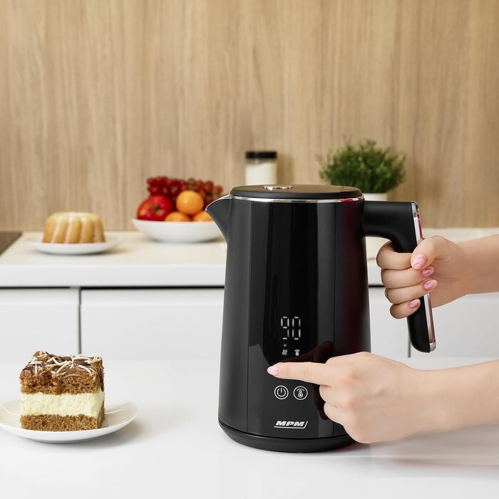 Електричний чайник MPM MCZ-120, 1.5L, з подвійними стінками, регулювання температури 40–100°C, нержавіюча сталь, 2200W, тихий, швидкий, сенсорне управління, легкий, елегантний, білий (чорний)