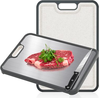 Нінджер Двостороння кухонна дошка для нарізання з нержавіючої сталі 304 та PP, для м'яса, овочів та хліба, легко миється, з ножем (38 × 27 см)