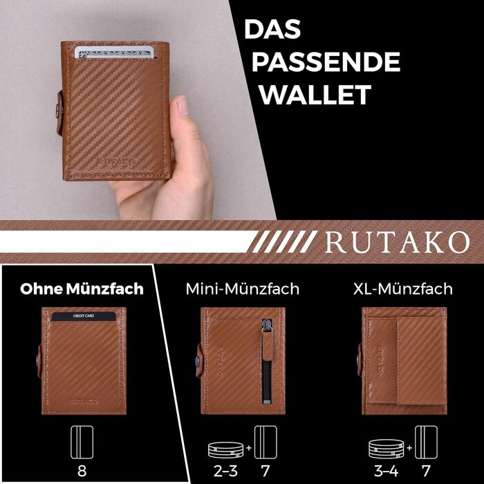 RUTAKO Slim Wallet with RFID Protection - Card Holder for Men & Women - Small Credit Card Wallet - Mini Purse - Small Wallet/Cardholder - Carbon Cognac