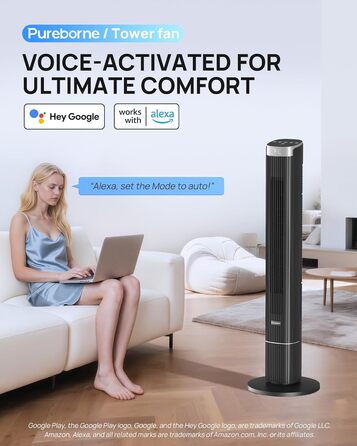 Вентилятор Pureborne Leiser: Турбо-вентилятор з осциляцією 90°, Wi-Fi, пульт, 4 режими, таймер 12 год, чорний, 102 см