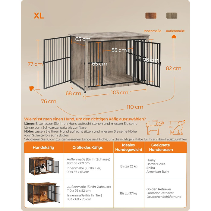 Клітка для собак Feandrea XL, меблева, з журнальним столиком, для собак до 37 кг, міцна, закритий дно, 2 двері, сірий меланж (110 x 76 x 82 см)