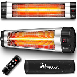 Інфрачервовий обігрівач TRESKO 2500W з пультом дистанційного керування | Тепловий струмінь для тераси, електричний, 3 режими | Тепловий струмінь для тераси, внутрішній та зовнішній | Настінний інфрачервовий обігрівач з LED-дисплеєм, кварцовий (срібний)