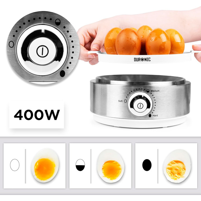 Електричний яйцеварка Duronic EB27 WE: для 1-7 яєць, регулювання ступеня готовності, таймер, захист від перегріву, мірна склянка та знімач яєць