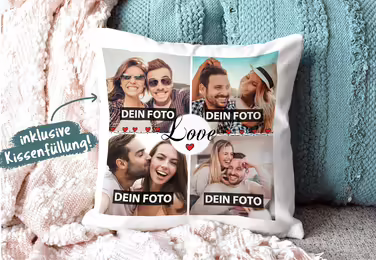 Print Royal Pillow with Filling - Create your own photo collage with a saying - Love - with four of your own photos - Photo pillow gift idea - Light blue back cushion