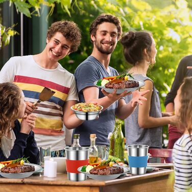 Набір для кемпінгу з нержавіючої сталі: посуд, столові прилади на 4 особи, у сітчастій сумці