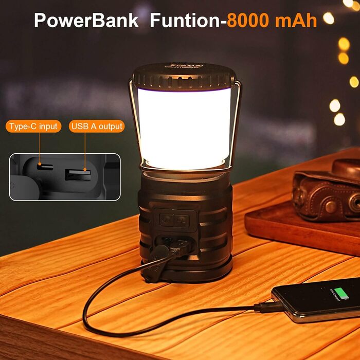 Tavaler Camping Lantern 8000 mAh Battery USB C Rechargeable Camping Lamp with LED Battery Level Display Screen Camping Light IP65 Waterproof Camp Light for Hiking, Outdoor, Emergency, Power Bank