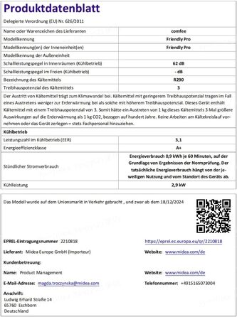 Мобільний кондиціонер Comfee Breezy Cool Pro 2.0, 7000 BTU (2kW), охолодження, вентиляція, осушення, керування через додаток, для приміщень до 68 м³