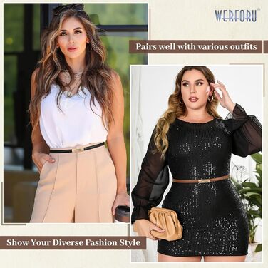 Жіночий шкіряний ремінь WERFORU - тонкий, регульований, з декоративною золотистою пряжкою, чорний+коричневий, довжина 105 см, розмір талії до 93 см