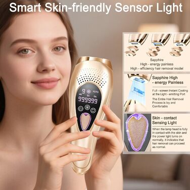 IPL пристрій для епіляції з охолодженням сапфіром – 3-в-1 для жінок та чоловіків, 999 999 імпульсів, 9 рівнів інтенсивності, для обличчя, під пахвами, на ногах та в зоні бікіні Silver