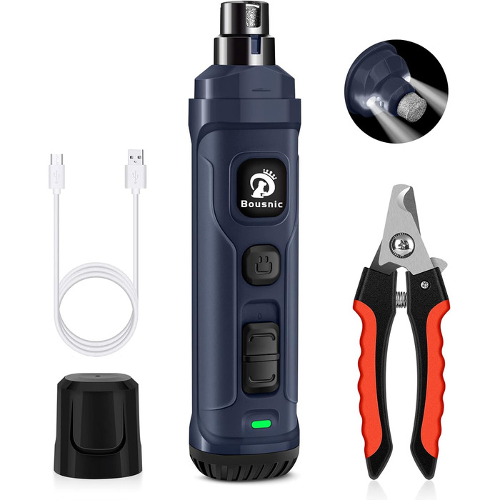 Шліфувальник для собак Bousnic Krallenschleifer з 2 LED-ліхтариками - тихий, потужний електричний триммер для догляду за кігтями собак та котів (Navy)