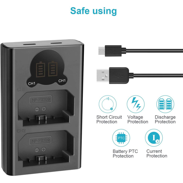 Зарядний пристрій NEEWER з двома USB роз'ємами, сумісний з акумуляторами Sony NP-FZ100 та камерами Sony ZV-E1, FX3, FX30, A1, A9 II, A7R V, A7S III, A7 IV, A6600, A7C. LCD дисплей, універсальні можливості заряджання DL-FZ100