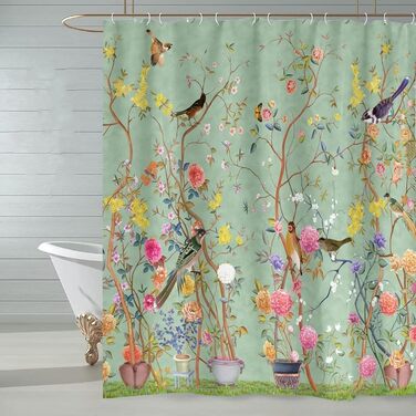 Штора для душу 180x180 см, зелена з квітами та пташками, антигрибкова, водонепроникна, поліестер, з кільцями (12 шт.)