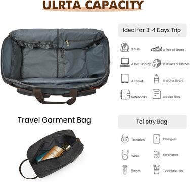 50L Unisex 3-in-1 Convertible Garment Bag Canvas Clothing Bag Suit Bag Carry On Garment Bag with Toiletry Bag for Travel, Short Trips, and Business Trips - Storage