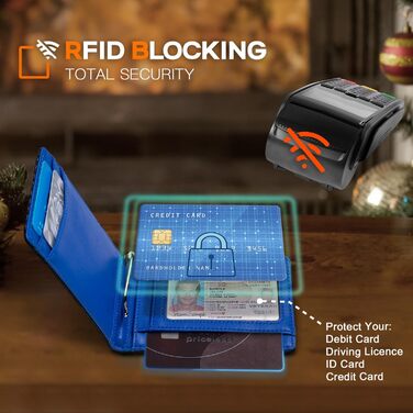 Чоловічий гаманець RUNBOX з натуральної шкіри, Slim модель, RFID захист, з кліпсою для грошей, подарункова коробка, синьо-чорний колір