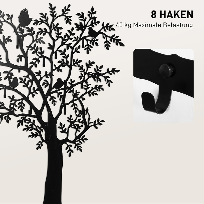 HOMCOM Coat Rack Wall-Mounted Coat Rack in Tree Shape with 4 Birds, 8 Hooks Coat Rail, Wall Decoration for Jackets, Coats, Hats, Scarves, Handbags, 120 x 175 cm, Black | Aosom
