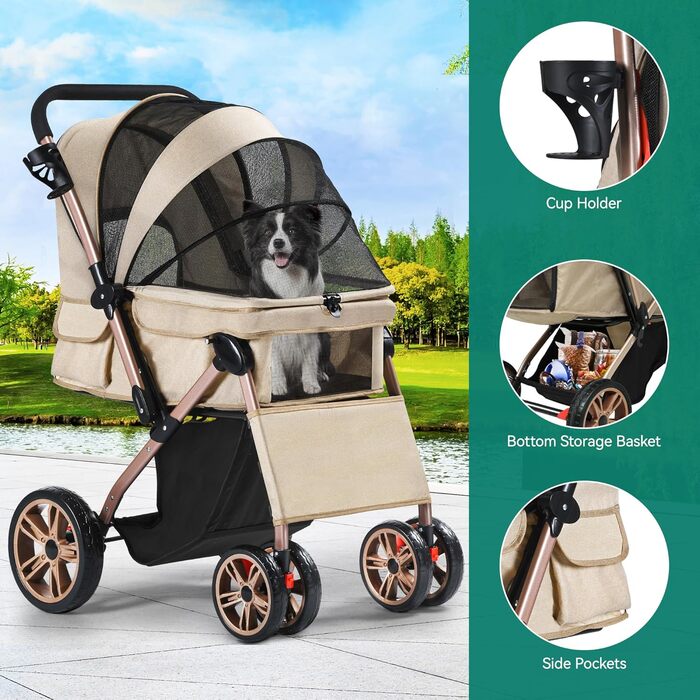 YITAHOME Buggy для собак та котів, складний, до 22 кг, з обертовим ручками, сітковими вікнами, тримачем для напоїв, EVA-колеса з гальмом (Бежевий)