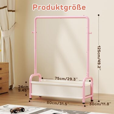 Дитяча вішалка для одягу Kinder Garderobe, 80x30x125 см, рожева. З гачками та кошиком для зберігання, U-подібна основа.