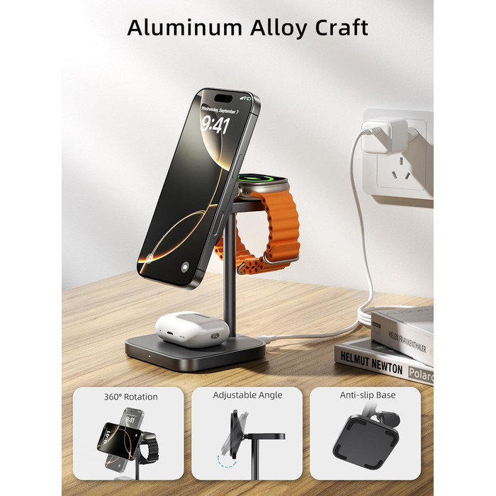 LULULOOK Qi2 Магсейф Зарядна Станція 3 в 1 з Алюмінію для Apple Watch та iPhone, 15W Швидка Зарядка (17 Pro Max/17 Pro/17 Air/17), 5W для Apple Watch Ultra, AirPods, Титан (Сірий)