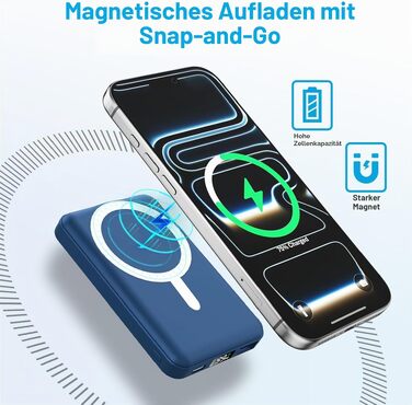 Бездротовий Power Bank AOGUERBE MagSafe 10000mAh, швидка зарядка 22.5W, USB-C, для iPhone 17/16/15/14/13/12 Pro Max (Блакитний)