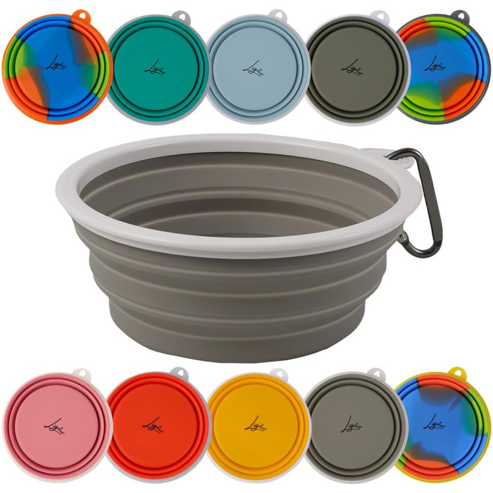 Ліга - EBBY 2 шт. миски для собак, туристичні миски, портативні миски для води та корму, складані миски з карабіном (M (650 мл), Сірий голуб)