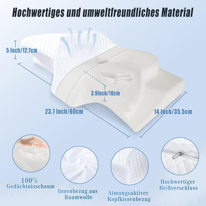 Подушка для шиї SAHEYER з Memory Foam, ортопедична, ергономічна, для сну на боці, біла, 60 x 35.5 x 10/13 см