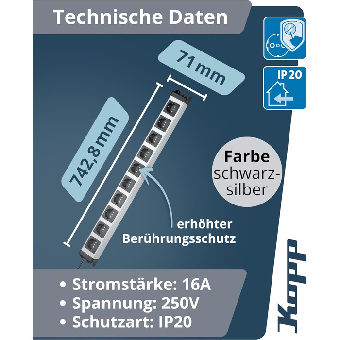 Steckdosenleiste Kopp POWERversal 10-fach, срібно-чорна, IP20, 1.4м, 90° кут, захист від дотику
