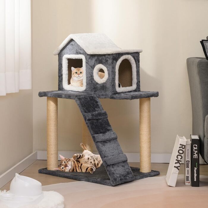 Драбина-кіготь для котів SOARS, 90 см, сірий котячий будиночок з сизалю