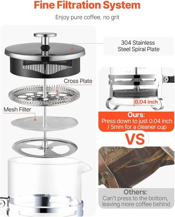 Френч-прес VEVOR 1 л з боросилікатного скла та нержавіючої сталі - для приготування кави, чаю, кемпінгу, подорожей, кухні, ресторану