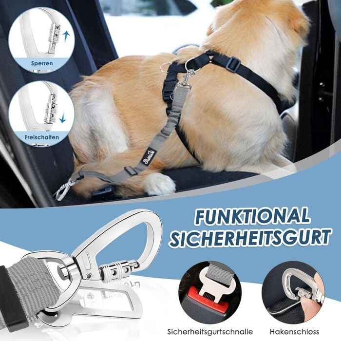 Автогурт для собак у машину: 2 шт., безпечний ремінь з амортизацією, універсальний кріплення для подорожей (сірий)