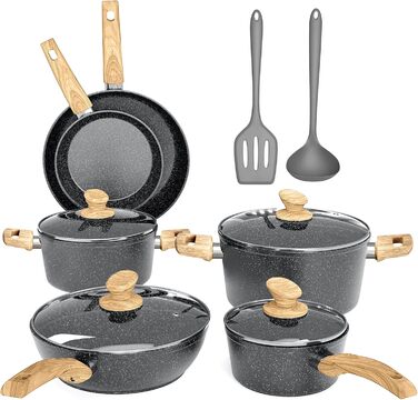 Набір посуду DishDelight 12 шт: сковороди та каструлі з антипригарним покриттям, підходить для індукційних, газових плит та мікрохвильовки, сірий