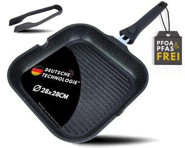 Сковорідка гриль 28 см з рифленою антипригарною поверхнею та знімною ручкою, для всіх типів плит (індукція) – для стейків та овочів гриль, з щипцями, без PFOA/PFOS, чорна
