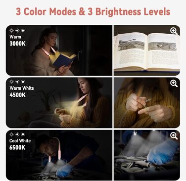 Лампа для рукоділля Diboniur на шию, акумуляторна, 3 кольори світла, 3 рівні яскравості, гнучка, USB для читання, в'язання, кемпінгу (Рожева)