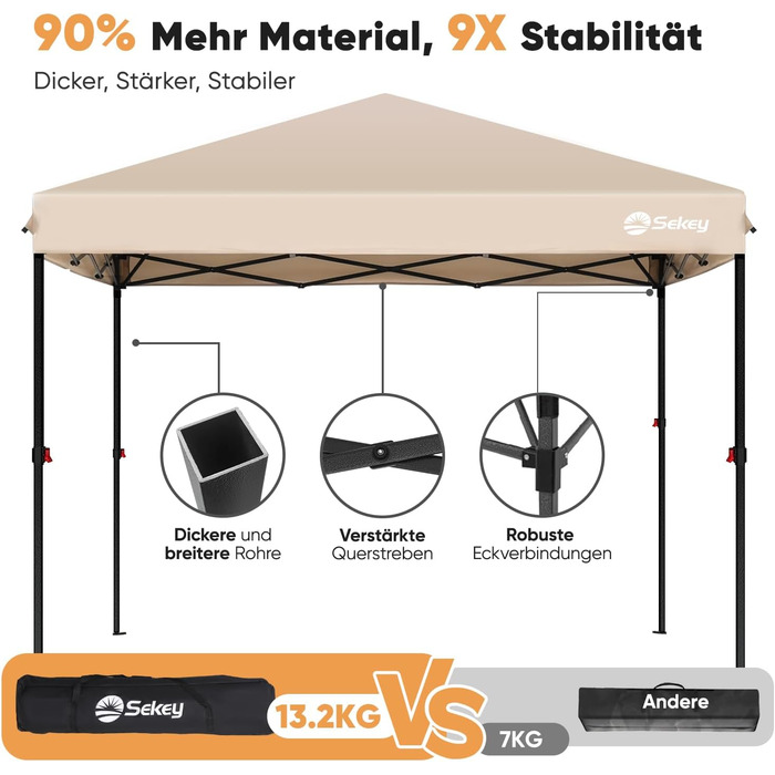 Sekey One-Touch Pop-Up Pavilion 3x3 Waterproof Stable Winter-Proof, Folding Pavilion 3x3m with Thickened Tubes, Party Tent Pavilion Foldable for Camping Festival Party, Khaki