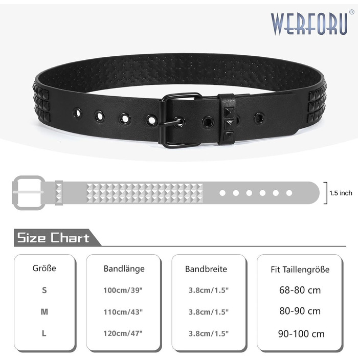 Чоловічий/Жіночий шкіряний ремінь WERFORU з пряжками в стилі панк-рок, чорний, розмір 90-100 см