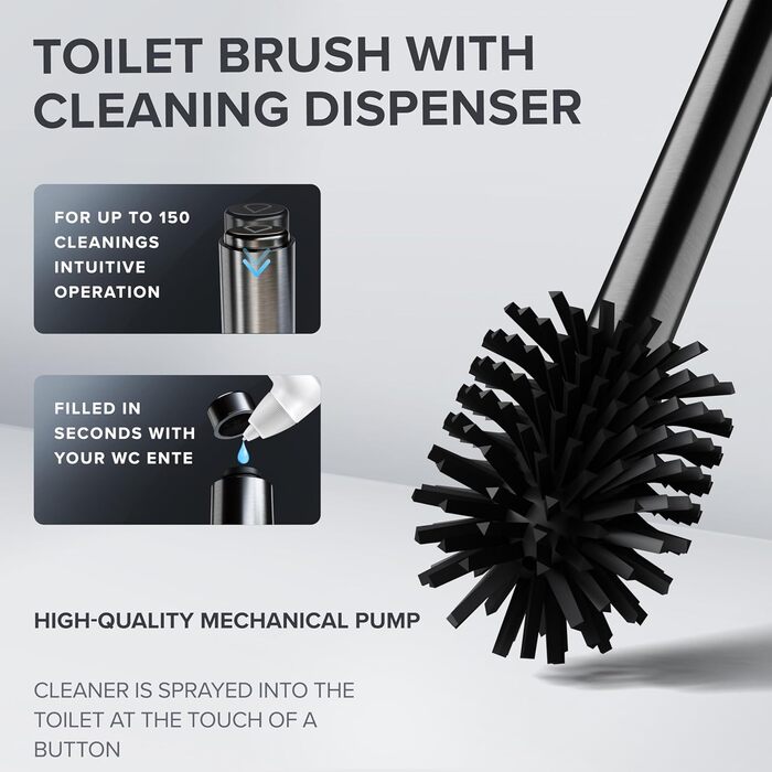 Торцева щітка для унітазу Arosund | Силіконова щітка для унітазу | З вентиляцією | Свободно стояча | Головка щітки з нержавіючої сталі | З резервуаром для мийного засобу | Знімний піддон для крапель | Щітка для унітазу (Gunmetal)