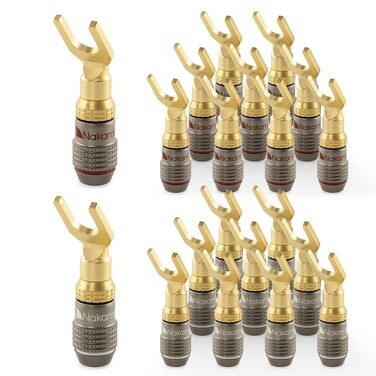 Розгалужувач акустичного кабелю Nakamichi FanLock Excel-Serie, Y-подібний конектор 24K золоте напилення, для Hi-Fi стерео та домашнього кінотеатру (10 AWG – 18 AWG, 4мм), 20 шт (10 пар)