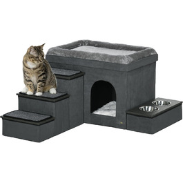 Кігтечка PawHut для котів та собак: будиночок з драбиною, 2 миски, м'яке ліжко, сірий, 78x48x49.5 см