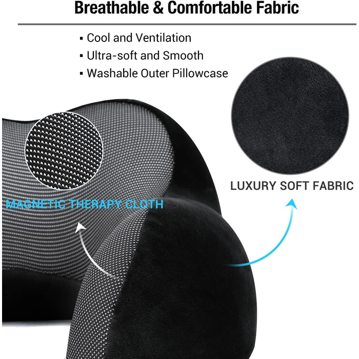 Подушка для шиї в літак, поїздки: Memory Foam, регульована, компактна, ергономічна, м'яка, дихаюча з навушниками, маскою для сну, чохлом (Чорний)