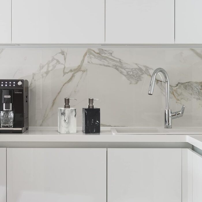 Дозатор для мила Suanti, 425 мл, з помпою з нержавіючої сталі, наповнюваний, квадратний, декоративний, для мила для рук, миття посуду та лосьйону, стиль мармур (білий та білий)