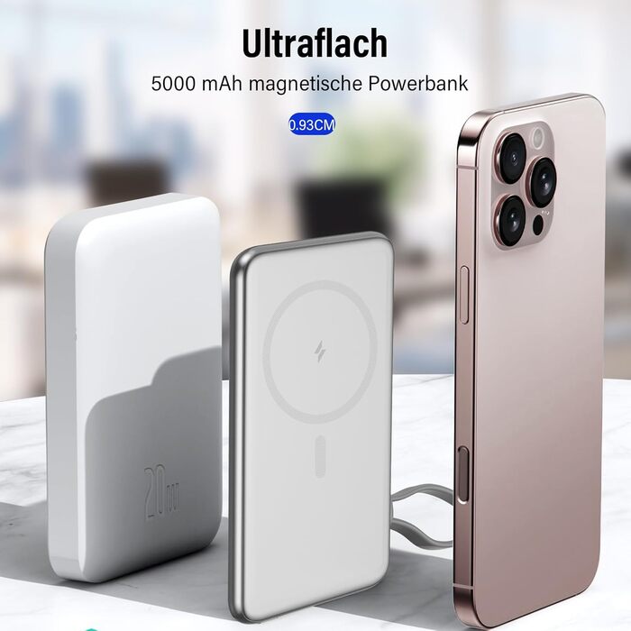 Power Bank MagSafe 5000mAh 20W PD з бездротовою зарядкою, USB-C, для iPhone 16/15/14/13/12, срібний