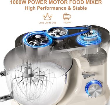 Кухонна машина/міксер Vospeed 1000W з чашею з нержавіючої сталі, 5QT, 8 швидкостей, набір насадок (біла)