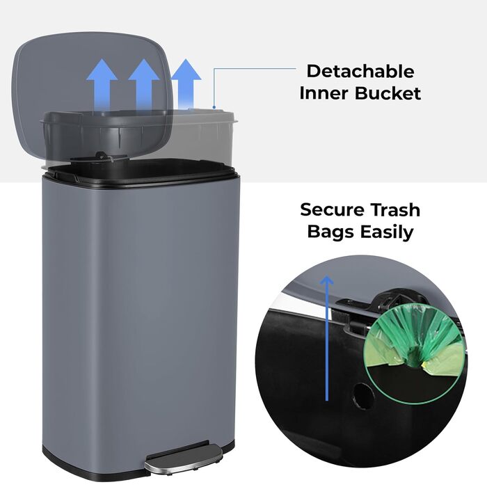 Відро для сміття LIFERUN 30л з кришкою, з м'яким закриттям, сталеве, з внутрішнім відром, для кухні, ванної кімнати, офісу (L-50L, сірий)