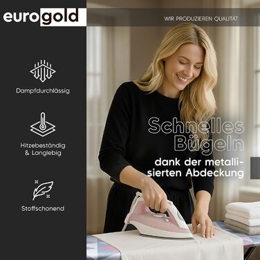 Прасувальна дошка EUROGOLD® Premium з турбо-покриттям 120x42 см - стабільна, регульована по висоті, з розеткою та антиковзними ніжками. Покриття з 100% бавовни (рожевий)