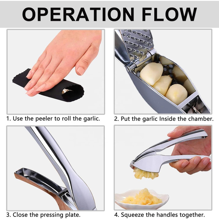 Пресс для часнику з нержавіючої сталі, 15,5 x 2,5 см, кут відкривання 160°, придатний для миття в посудомийній машині, чорно-срібний