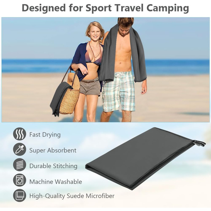 Рушник мікрофібра Flintronic, 200x100 см. Великий пляжний рушник, швидковисихаючий. Ідеально для спорту, подорожей, пляжу, сауни. Темно-сірий.