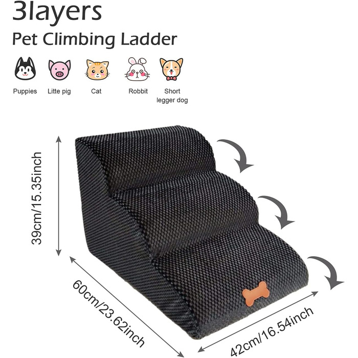 3-Step Pet Staircase, Dog Stairs Bed for Small Dogs 39cm High, Cat Dog Ramp Sofa Box Spring Bed, with Plush Cover, Removable, Washable, 60 (L) x 42 (W) x 39 (H) cm...